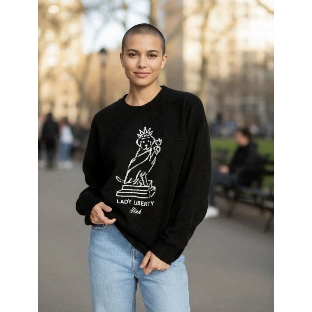 Victoria's Secret PINK Lady Liberty Dog Black Crewneck Sweater XS NWT